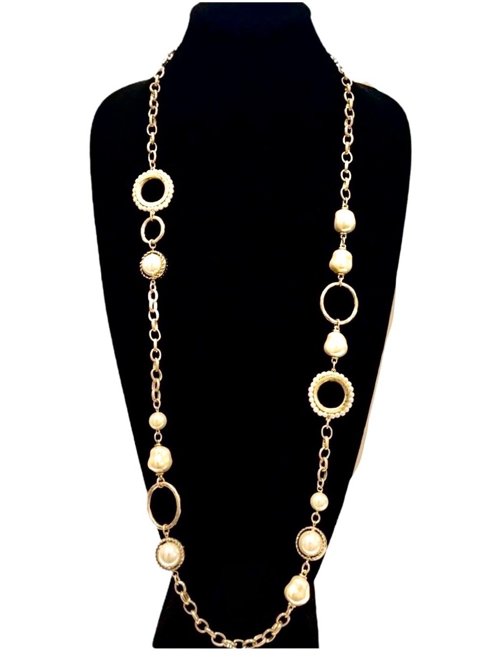 Chico's Pearl and Gold Ring Statement Necklace New
